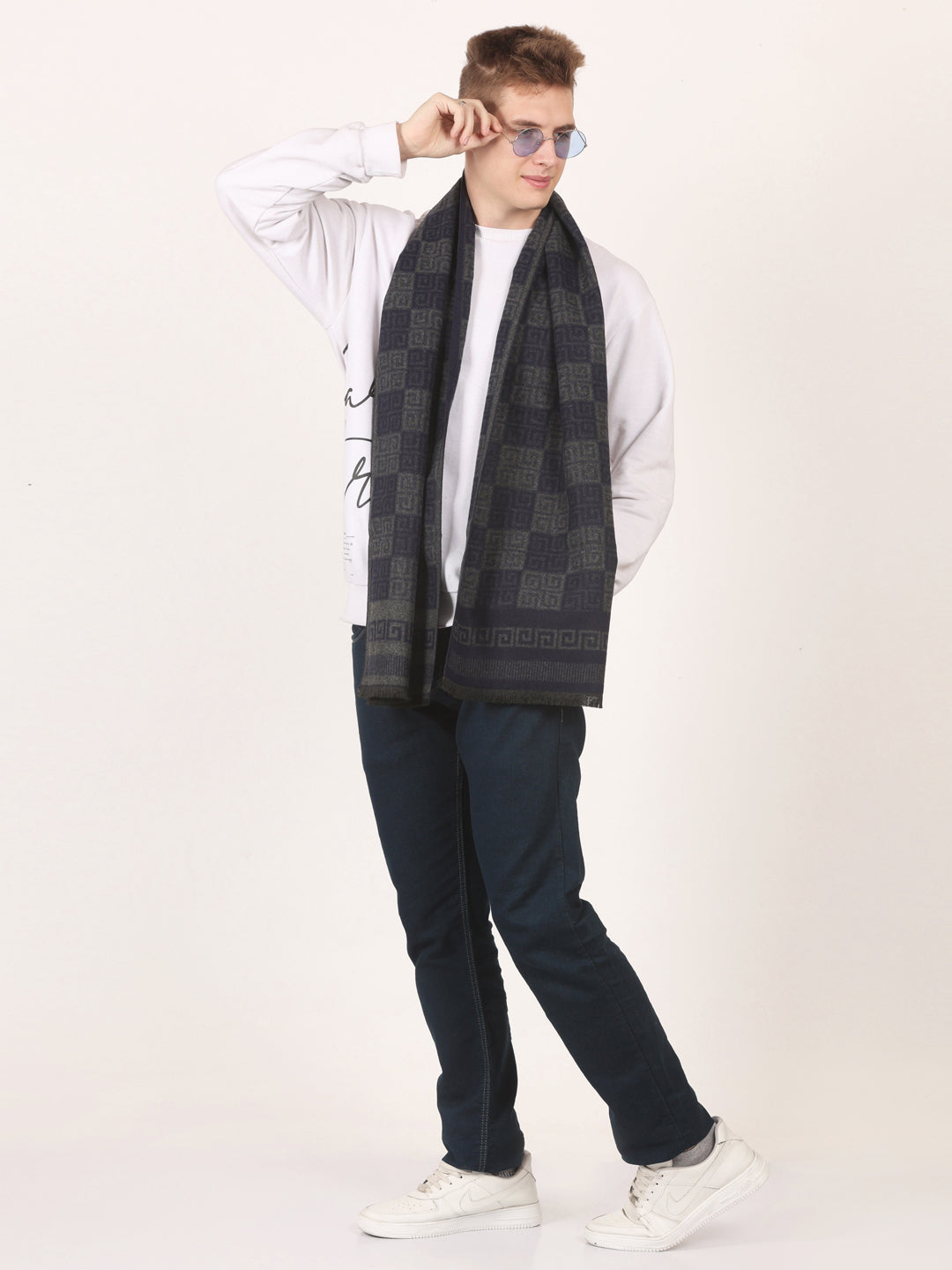 Calvadoss Men's Navy & Grey Acrylic Scarf