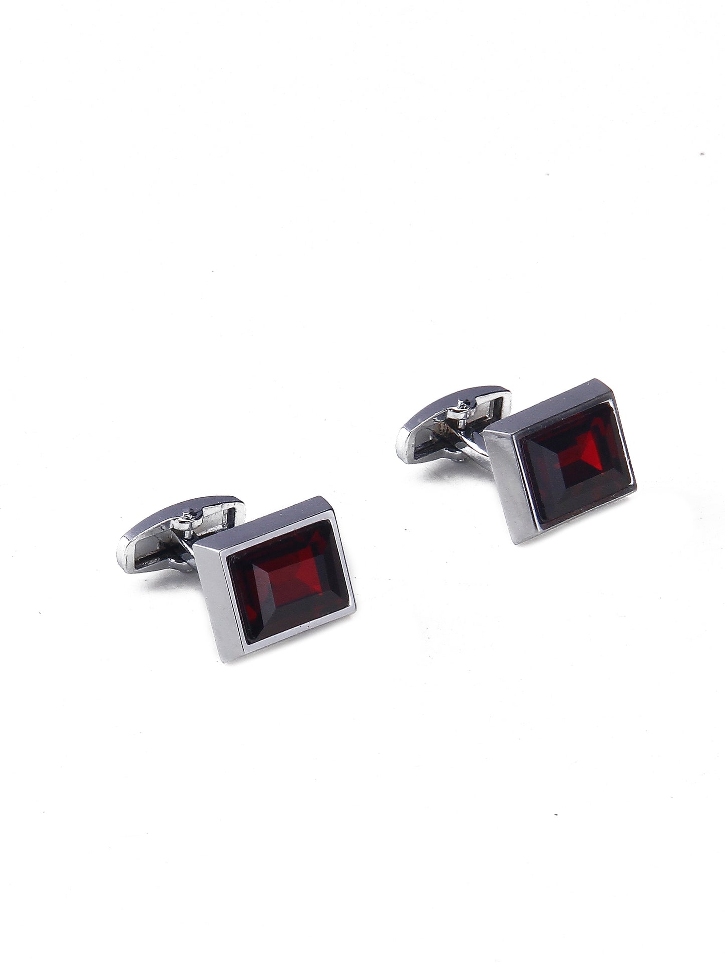 Maroon Silver-Plated Stainless Steel Rectangle Cufflinks