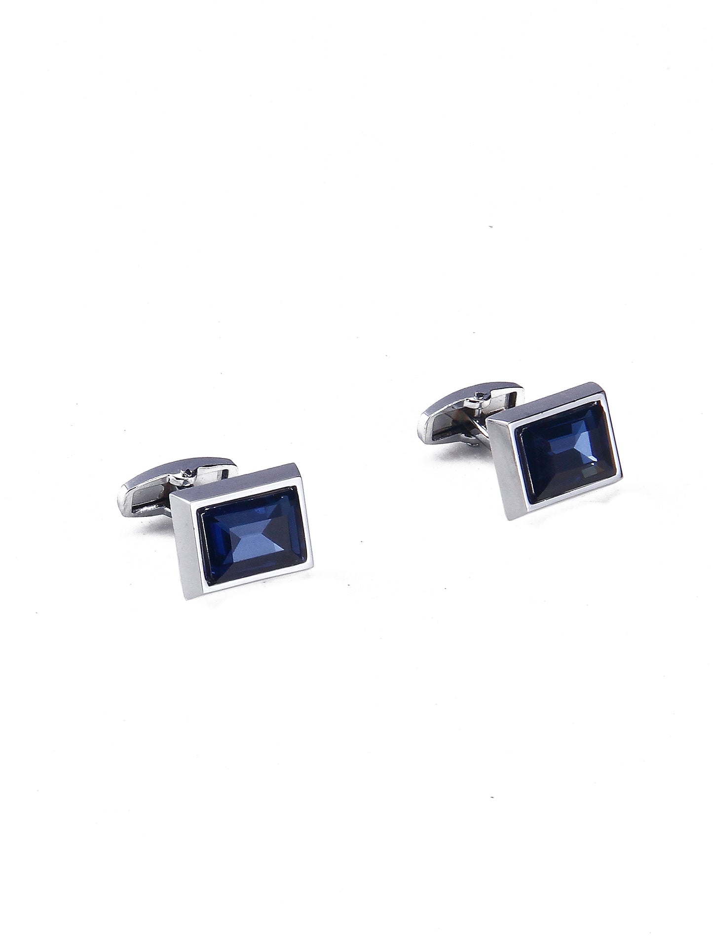 Navy Blue Silver-Plated Stainless Steel Rectangle Cufflinks