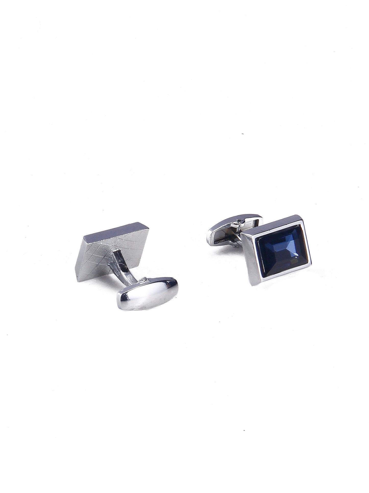 Navy Blue Silver-Plated Stainless Steel Rectangle Cufflinks