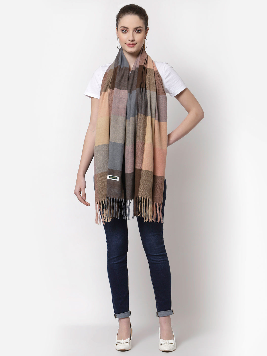 Calvadoss Checkered Woolen Scarf with Fringed Border
