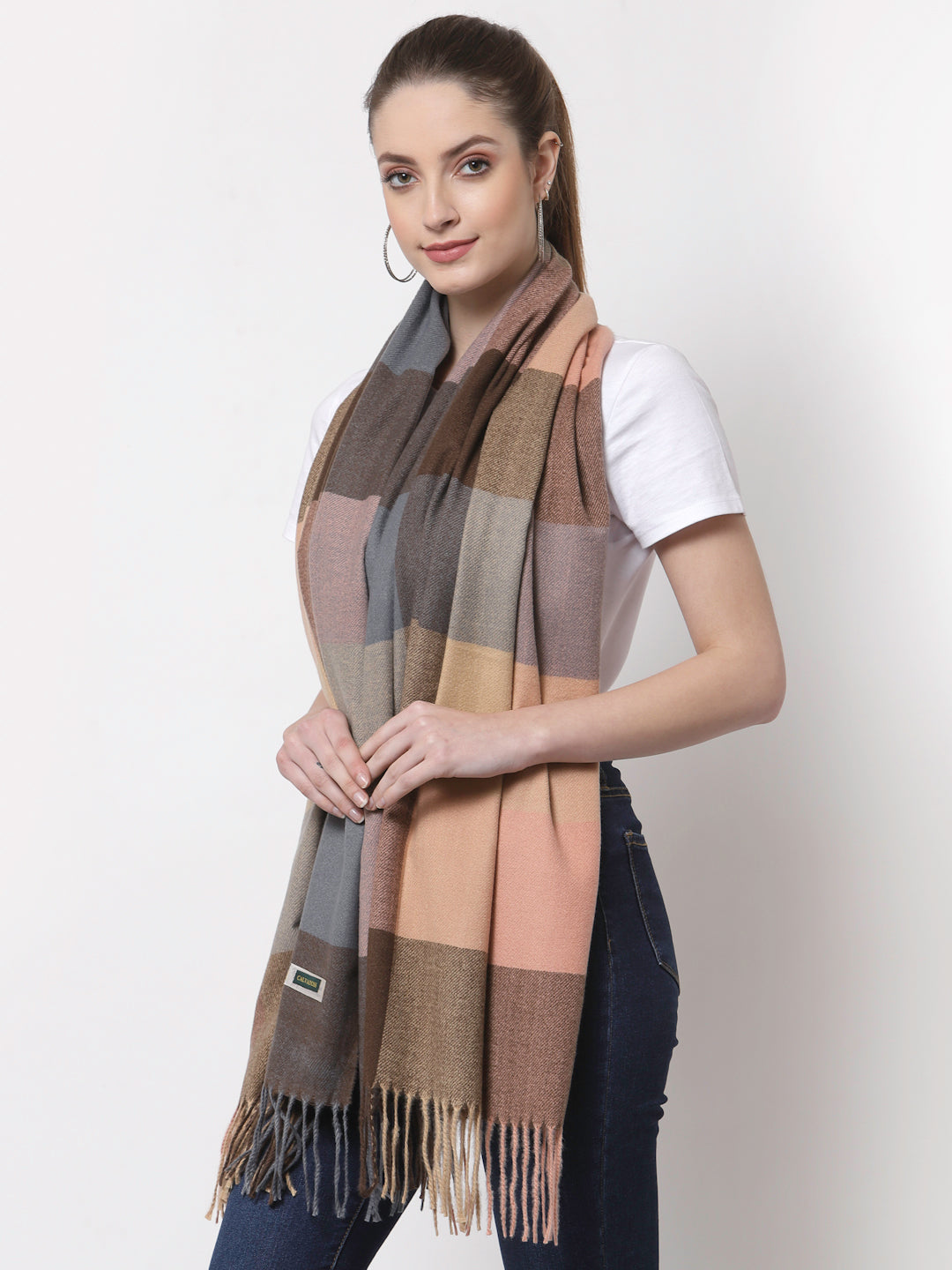 Calvadoss Checkered Woolen Scarf with Fringed Border