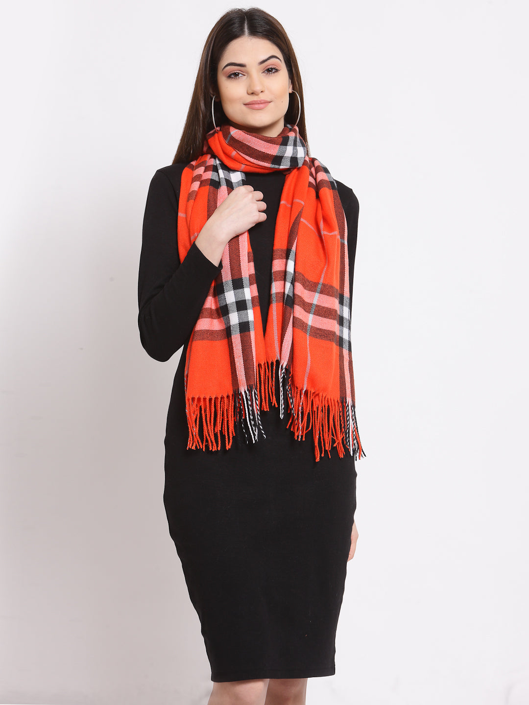 Calvadoss Checkered Woolen Scarf with Fringed Border