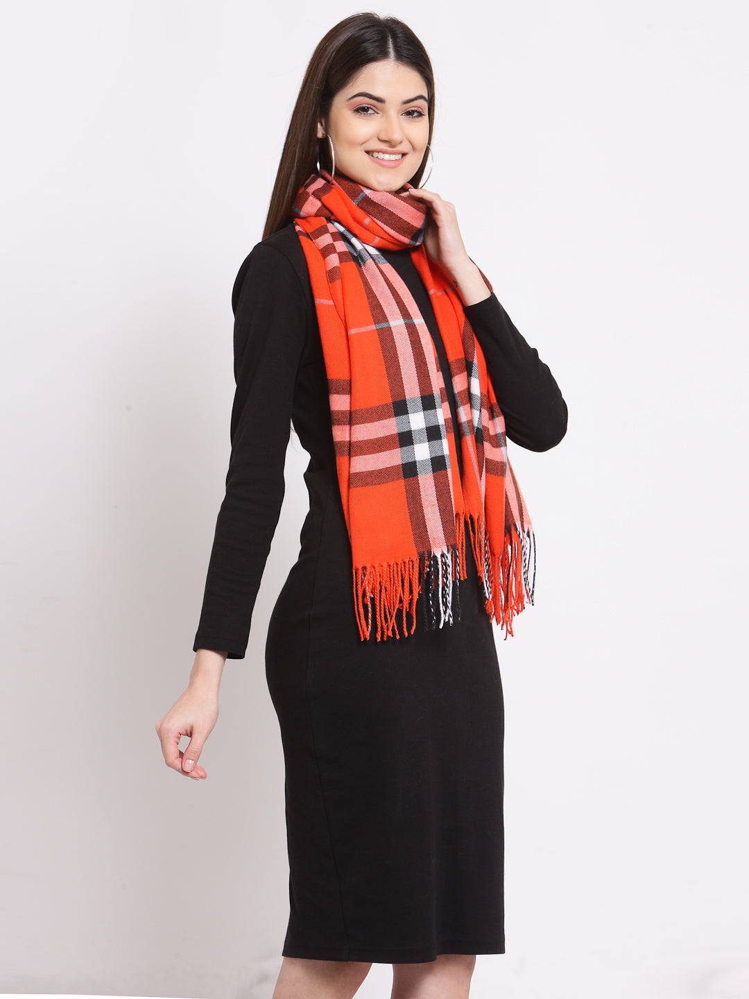 Calvadoss Checkered Woolen Scarf with Fringed Border