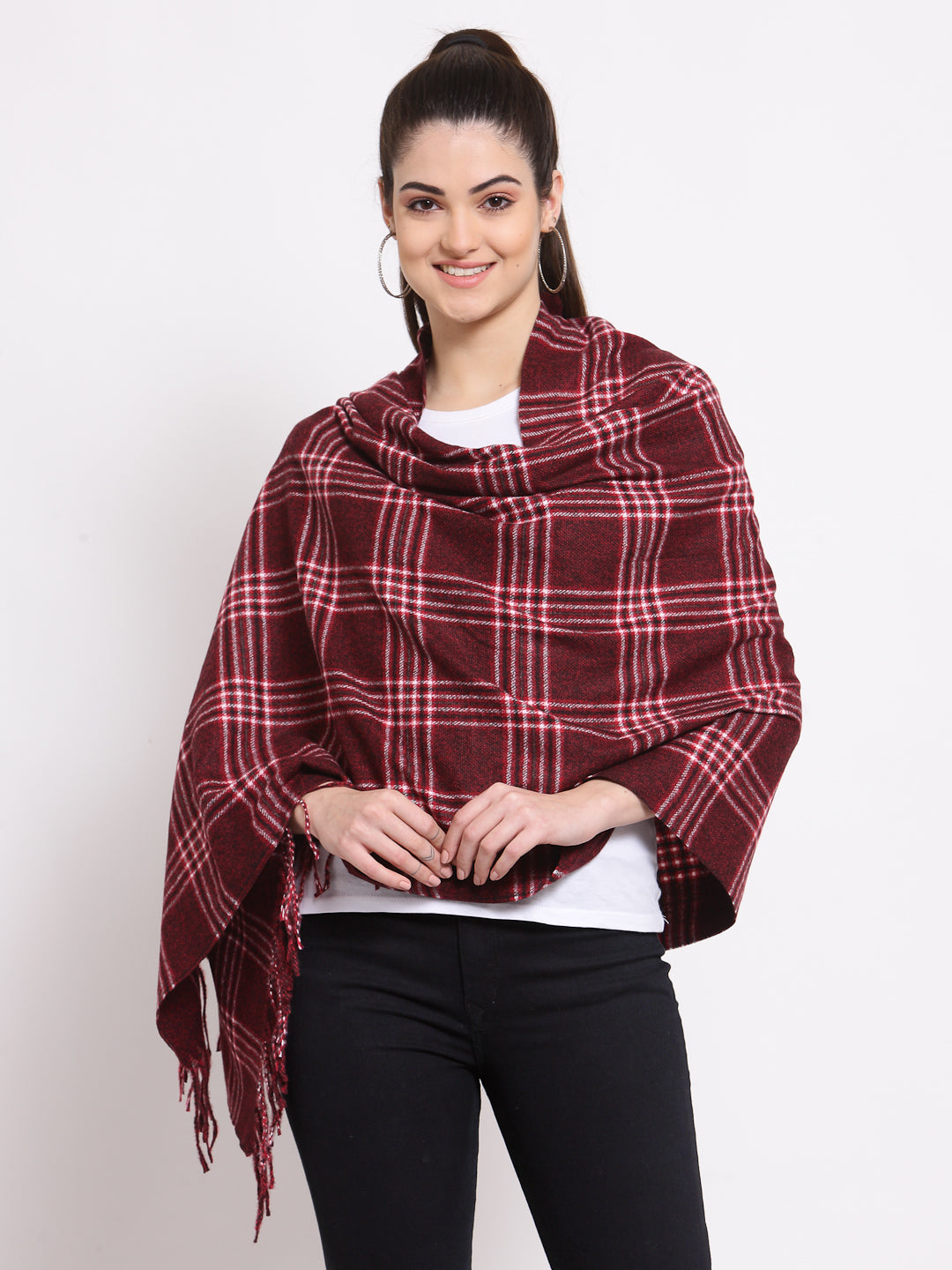 Calvadoss Checkered Woolen Scarf with Fringed Border