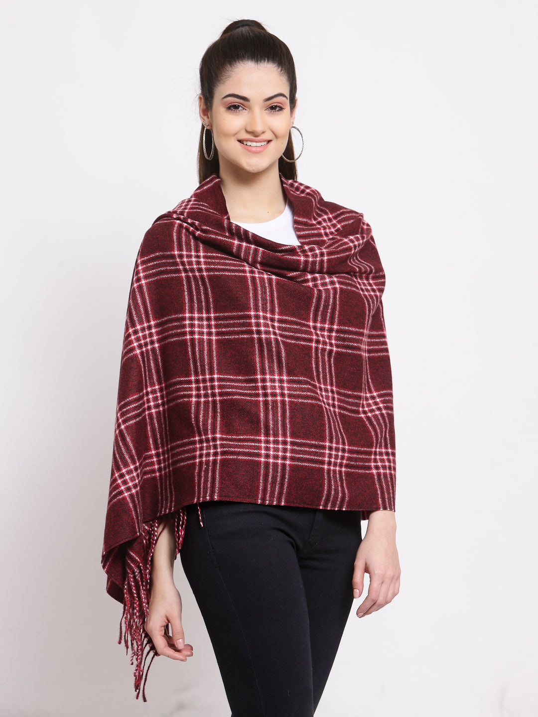 Calvadoss Checkered Woolen Scarf with Fringed Border