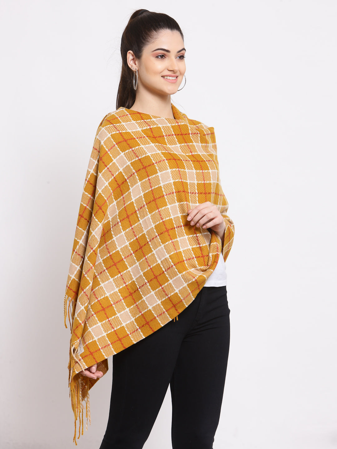 Calvadoss Checkered Woolen Scarf with Fringed Border