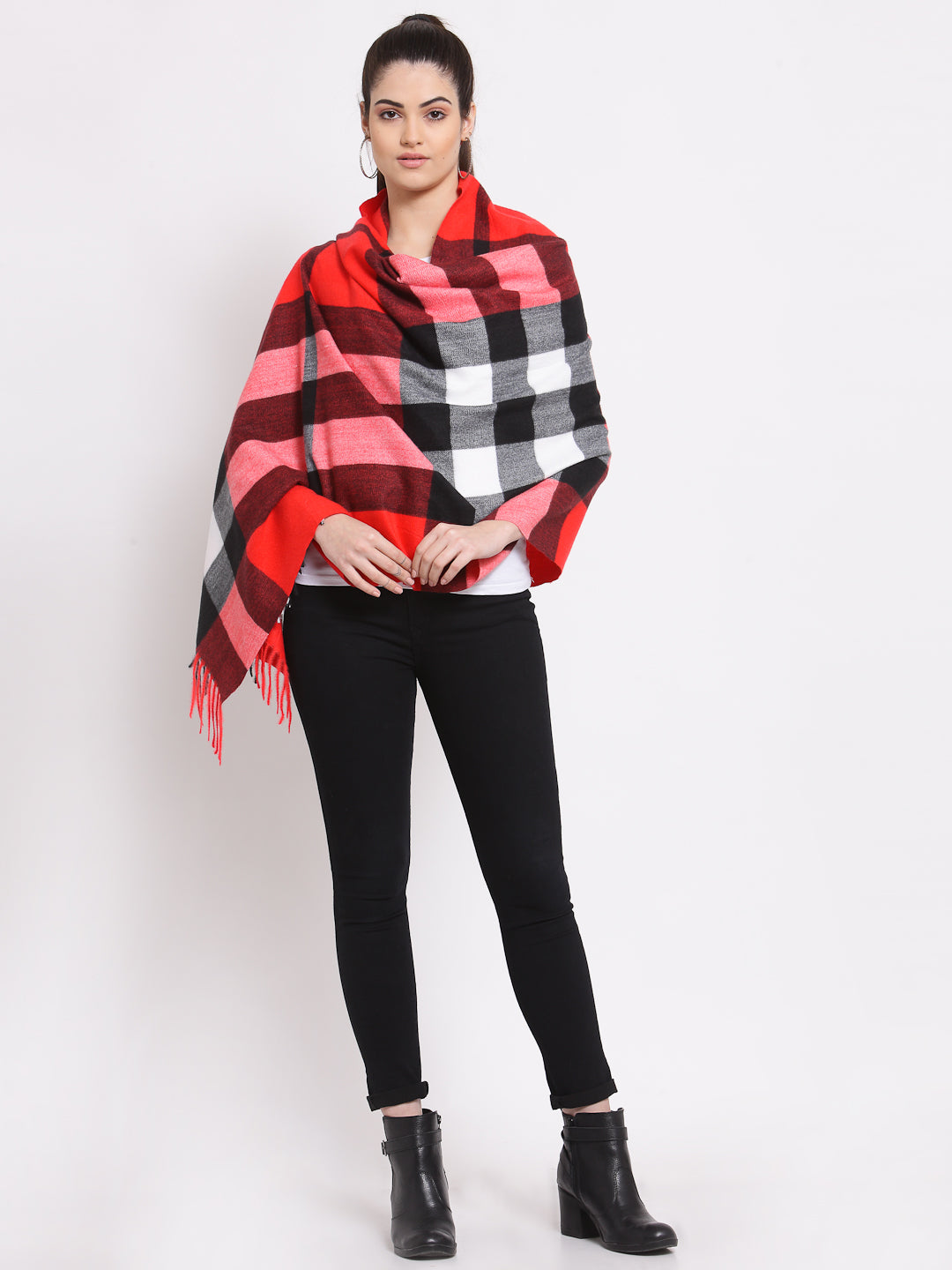 Calvadoss Checkered Woolen Scarf with Fringed Border